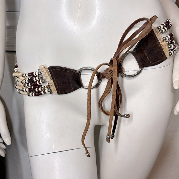 Leather Vintage Beaded Ivory Boho Belt - Picture 4 of 17